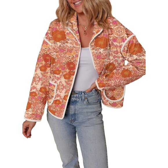 Women's Floral Quilted Jackets Cropped Button Down Padded Puffer Jacket Orange - Picture 1 of 5